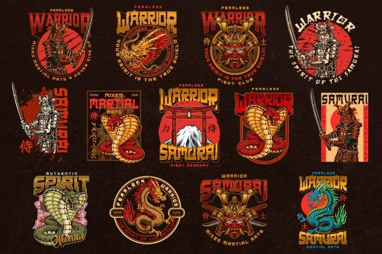 13 Samurai colored designs on dark background with different vector illustrations and text