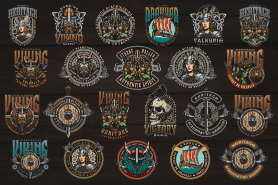 22 Viking colored designs on dark background with different vector illustrations and text
