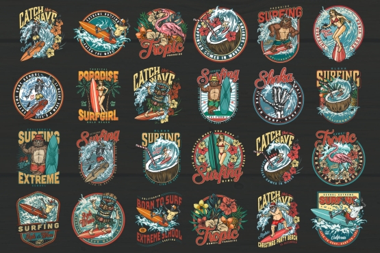 24 Surfing colored designs on dark background with different vector illustrations and text