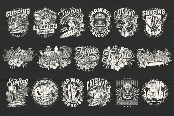 17 Surfing black and white designs on dark background with different vector illustrations and text