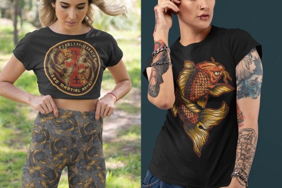 Different Samurai illustrations on apparel mockups