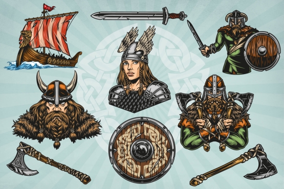 9 Viking colored vector illustrations