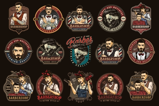 15 Barbershop colored designs on dark background with different vector illustrations and text
