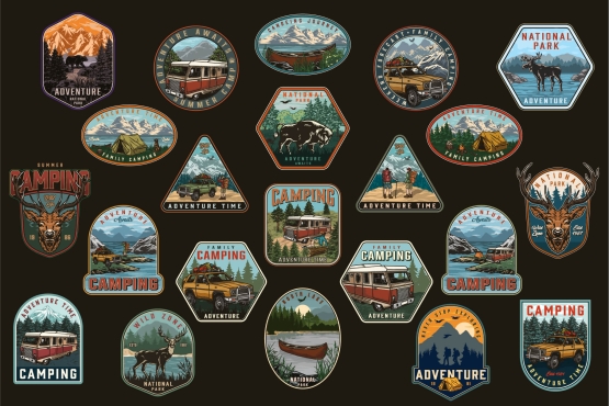 22 Camping colored badges on dark background with different vector illustrations and text