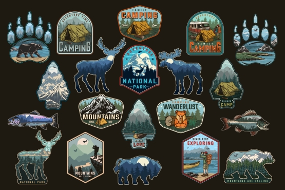 19 Camping colored badges on dark background with different vector illustrations and text
