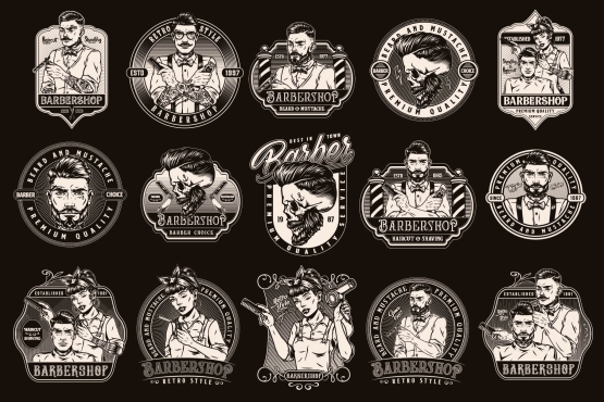 15 Barbershop black and white designs on dark background with different vector illustrations and text