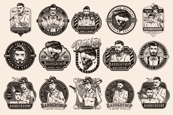 15 Barbershop black and white designs on light background with different vector illustrations and text