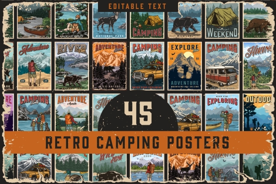 45 Camping posters bundle cover with different illustrations and text.