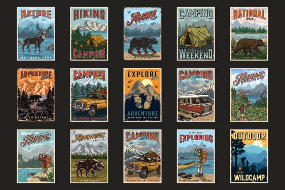 15 Camping colored posters with different vector illustrations and text