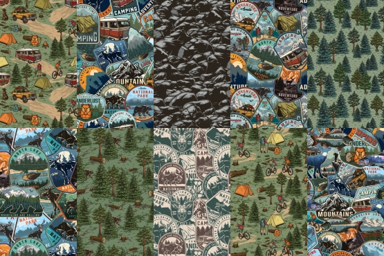 10 Camping colored patterns with different vector illustrations