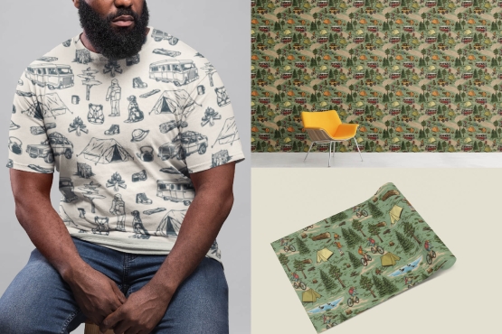 Seamless camping patterns on apparel mockups