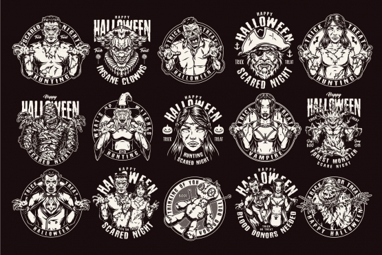 15 Halloween black and white designs on dark background with different vector illustrations and text