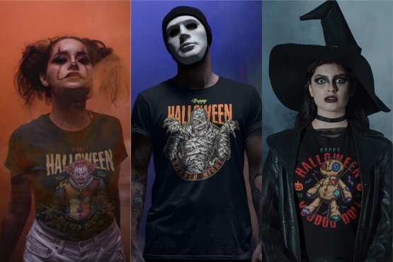 Different Halloween t-shirt designs on apparel mockups