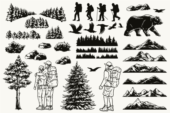 Camping black and white illustrations on light background