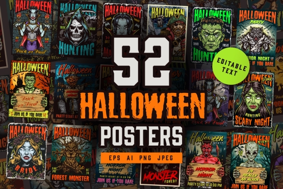 52 Halloween posters bundle cover with different illustrations and text.