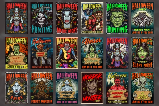 18 Halloween colored posters with different vector illustrations and text