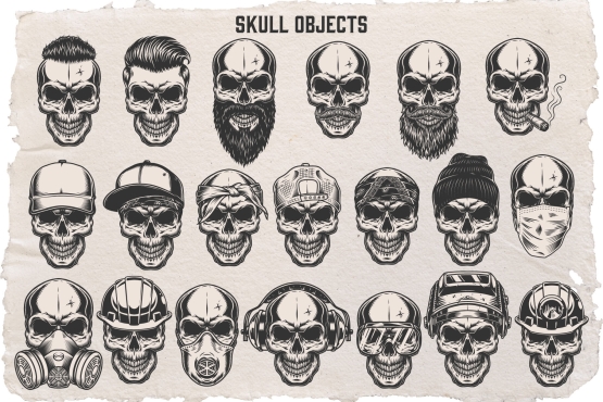 20 types of skulls with different objects on blue collar theme