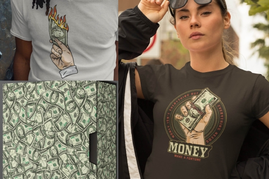 Money illustration used in a t-shirt design and a pattern