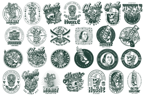 26 Money black and white designs on light background with different vector illustrations and text