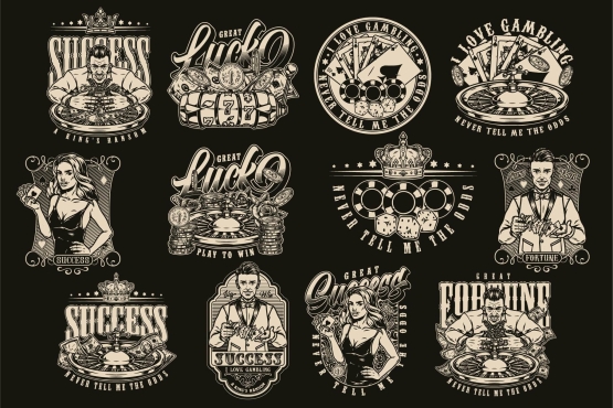 12 Gambling black and white designs on dark background with different vector illustrations and text