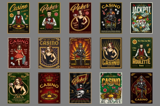 20 Gambling colored posters with different vector illustrations and text