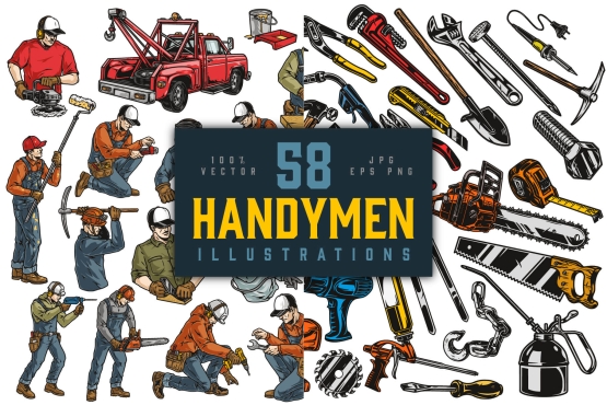 58 Handymen illustrations bundle cover with different illustrations and text