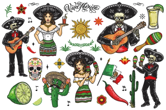 14 Cinco de Mayo colored illustrations on light background with accessories and smaller illustrations