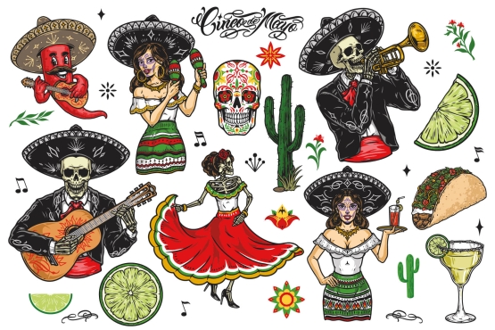 12 Cinco de Mayo colored illustrations on light background with accessories and smaller illustrations
