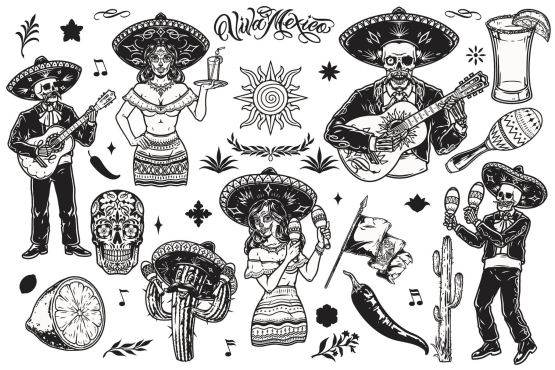 14 Cinco de Mayo black and white illustrations on light background with accessories and smaller illustrations