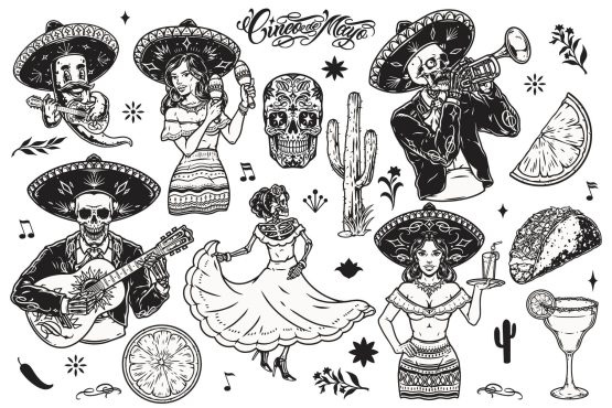 12 Cinco de Mayo black and white illustrations on light background with accessories and smaller illustrations