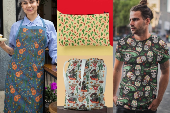 Seamless Cinco de Mayo patterns on apparel mockups