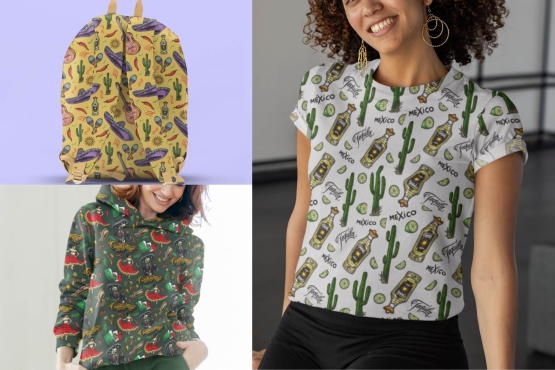 Seamless Cinco de Mayo patterns on apparel mockups