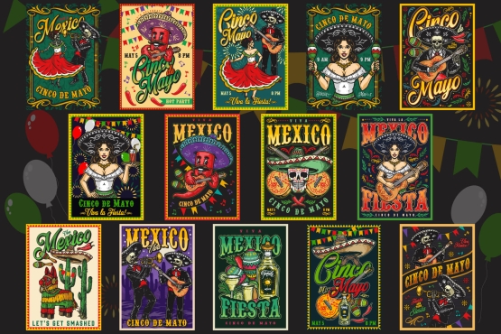 14 Cinco de Mayo colored posters with different vector illustrations and text
