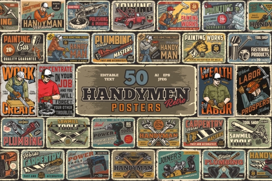 50 Handymen posters bundle cover with different illustrations and text