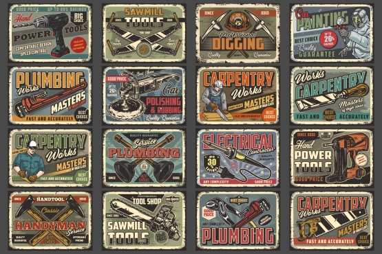 16 Handymen colored posters with different vector illustrations and text