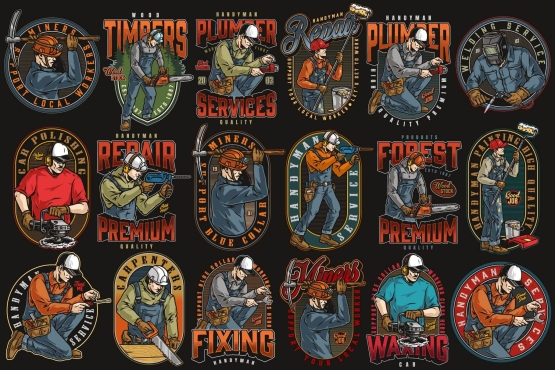 18 Handymen colored designs on dark background with different vector illustrations and text