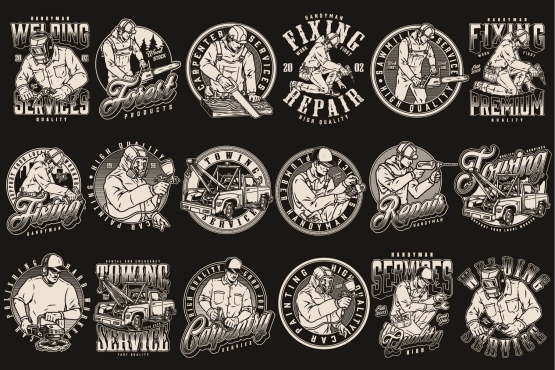 18 Handymen black and white designs on dark background with different vector illustrations and text