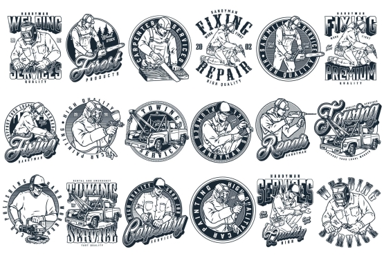 18 Handymen black and white designs on light background with different vector illustrations and text