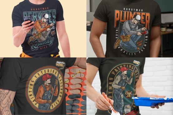 Different Handymen t-shirt designs on apparel mockups