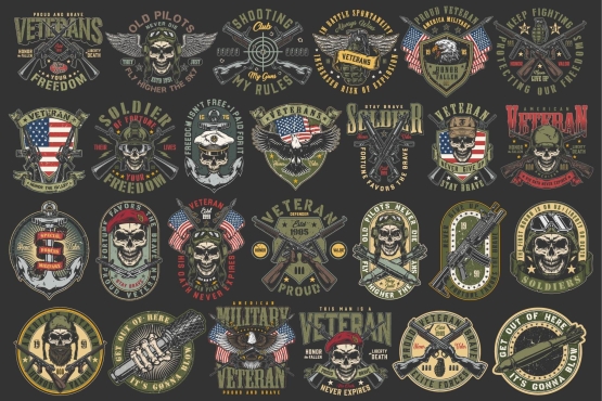 26 Military colored designs on dark background with different vector illustrations and text