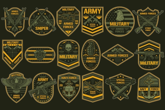 18 Military colored badges on dark background with different vector illustrations and text