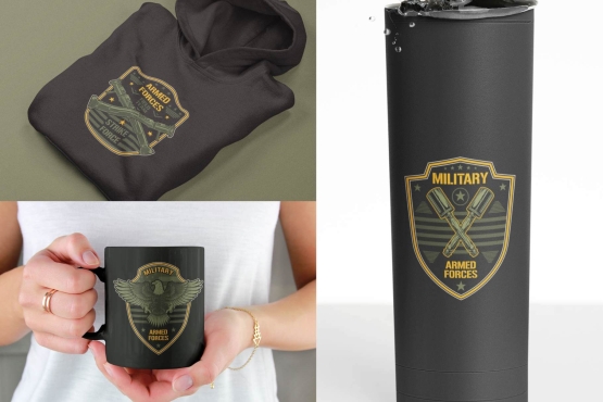 Different Military badges on mockups of apparel and other products