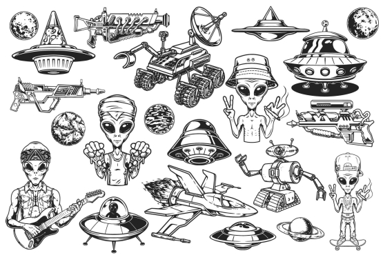 21 UFO black and white illustrations on light background