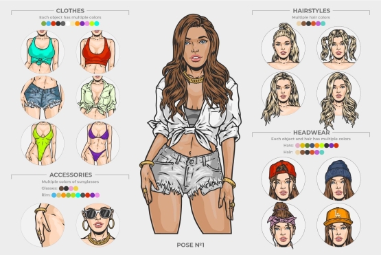 Pose №1 with multiple types of clothes, hairstyles, headwear and accessories