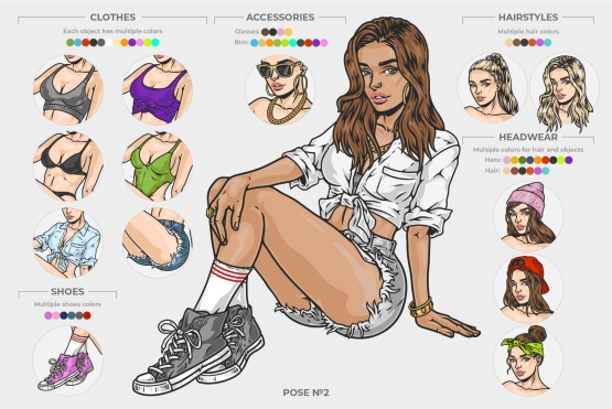 Pose №2 with multiple types of clothes, hairstyles, headwear, accessories and sneakers