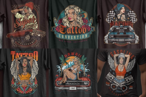 T-shirt designs created with the Hot Girls creator on mockups