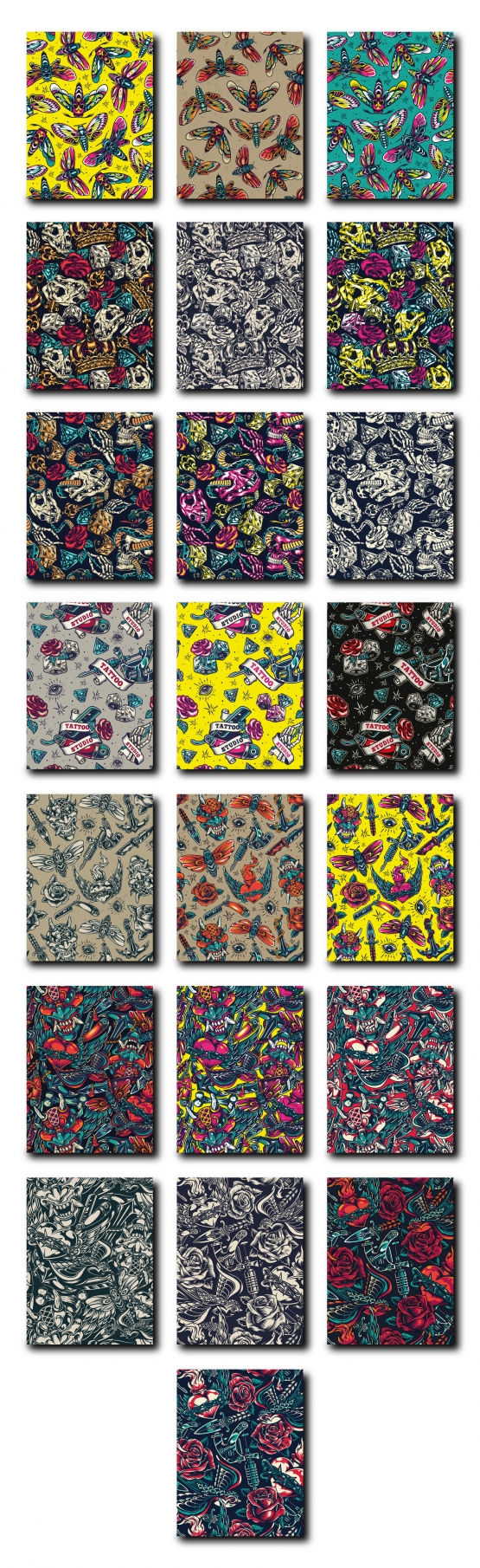 Retro tattoo seamless patterns collection with various elements in different color palettes