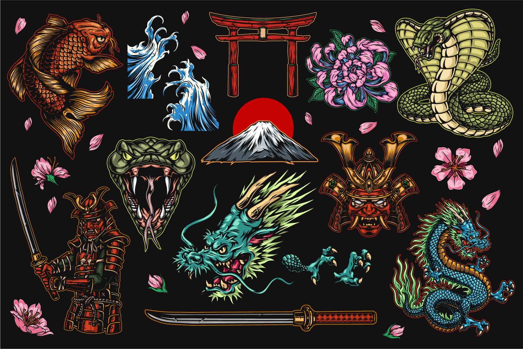 Samurai illustrations bundle of 13 vector images